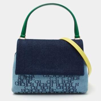 Pre Owned CH Carolina Herrera Multicolor Monogram Coated Denim and Leather Flap Top Handle Bag