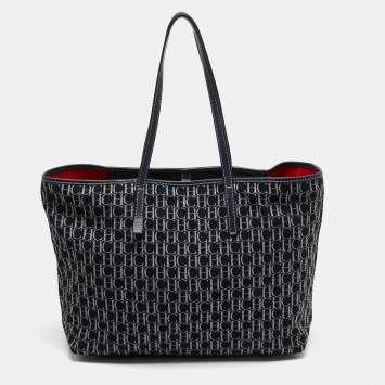 Pre Owned CH Carolina Herrera Navy Blue/White Monogram Canvas and Leather Shopper Tote