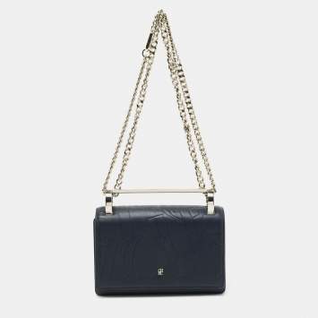 Pre Owned CH Carolina Herrera Navy Blue Logo Embossed Leather Insignia Shoulder Bag