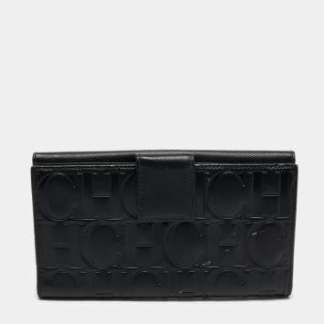 Pre Owned CH Carolina Herrera Black Monogram Leather Bifold Flap Wallet