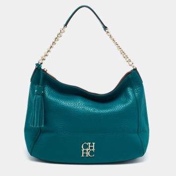 Pre Owned CH Carolina Herrera Green Grained Leather Zip Hobo