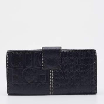 Pre Owned CH Carolina Herrera Black Leather Flap Continental Wallet