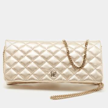 Pre Owned CH Carolina Herrera Metallic Gold Quilted Leather Flap Chain Clutch