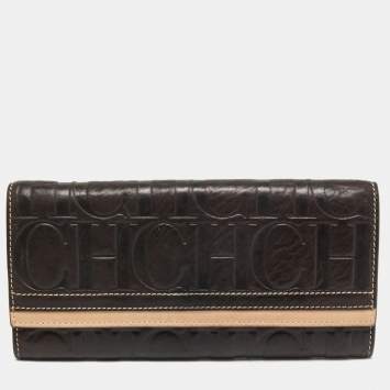 Pre Owned CH Carolina Herrera Brown/Beige Monogram Embossed Leather Continental Wallet