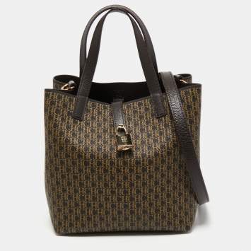 Pre Owned Carolina Herrera Dark Brown Monogram Coated Canvas and Leather Small Matryoshka Locked Tote