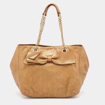 Pre Owned CH Carolina Herrera Gold Monogram Leather Audrey Tote