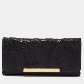 Pre Owned CH Carolina Herrera Black Embossed Leather Flap Continental Wallet