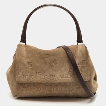 Pre Owned CH Carolina Herrera Beige Embossed Suede and Leather Flap Top Handle Bag