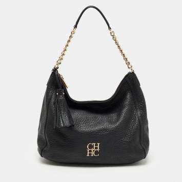 Pre Owned CH Carolina Herrera Black Leather Tassel Hobo
