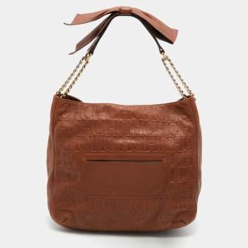 Pre Owned CH Carolina Herrera Brown Embossed Leather Chain Bow Hobo