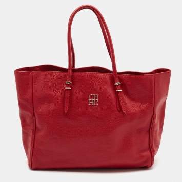 Pre Owned CH Carolina Herrera Red Monogram Leather Shopper Tote