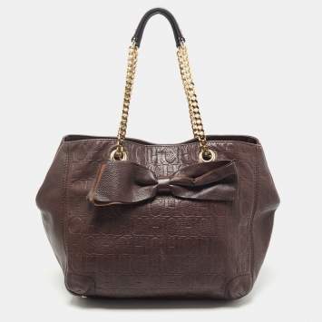 Pre Owned CH Carolina Herrera Brown Monogram Embossed Leather Bow New Anna Hobo