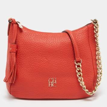 Pre Owned CH Carolina Herrera Dark Orange Grain Leather Chain Shoulder Bag