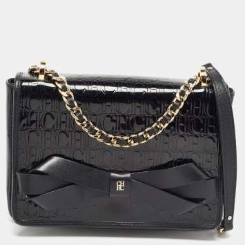 Pre Owned CH Carolina Herrera Black Embossed Patent and Leather Flap Bow Shoulder Bag