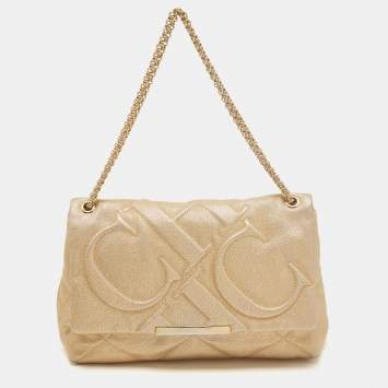 Pre Owned CH Carolina Herrera Gold Embossed Leather Metal Flap Shoulder Bag