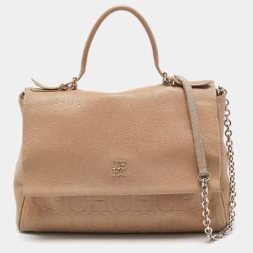 Pre Owned CH Carolina Herrera Beige Leather Minuetto Flap Top Handle Bag