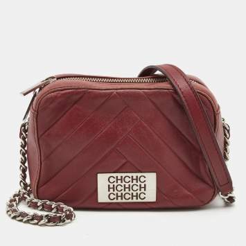Pre Owned CH Carolina Herrera Burgundy Chevron Leather Logo Camera Crossbody Bag