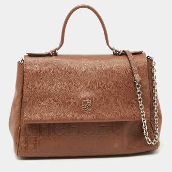 Pre Owned CH Carolina Herrera Brown Leather Minuetto Flap Top Handle Bag