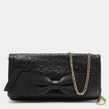 Pre Owned CH Carolina Herrera Black Monogram Embossed Leather Bow Chain Clutch