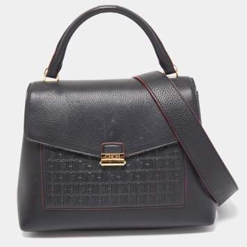 Pre Owned CH Carolina Herrera Black Monogram Leather Top Handle Bag