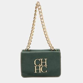 Pre Owned CH Carolina Herrera Green Leather Double Flap Chain Baguette Bag
