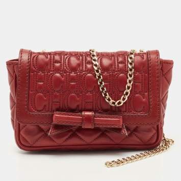 Pre Owned CH Carolina Herrera Red Quilted Leather Monogram Bow Crossbody Bag