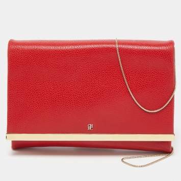 Pre Owned CH Carolina Herrera Red Leather Metal Flap Chain Clutch