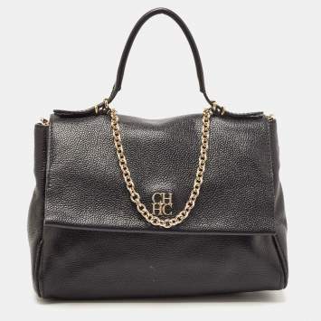 Pre Owned CH Carolina Herrera Black Leather Minuetto Flap Top Handle Bag