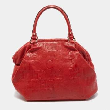 Pre Owned CH Carolina Herrera Red Monogram Leather Dome Satchel