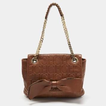 Pre Owned CH Carolina Herrera Brown Monogram Leather Audrey Shoulder Bag