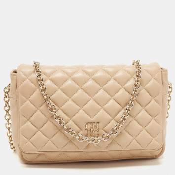 Pre Owned CH Carolina Herrera Beige Quilted Leather Chain Flap Shoulder Bag