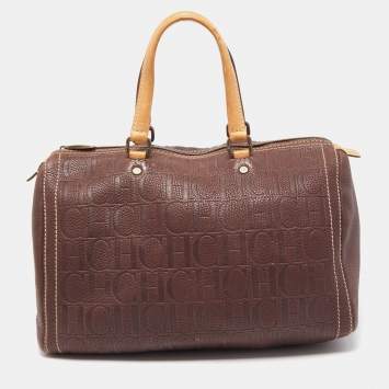 Pre Owned CH Carolina Herrera Choco Brown Monogram Leather Large Andy Boston Bag