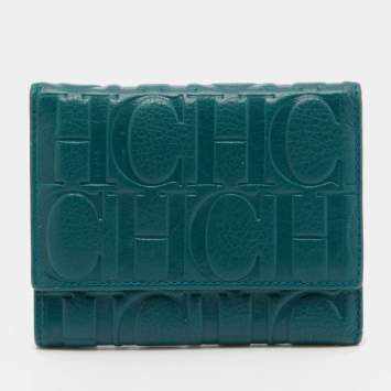 Pre Owned CH Carolina Herrera Teal Embossed Leather Trifold Compact Wallet
