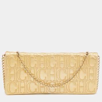 Pre Owned CH Carolina Herrera Gold Monogram Leather Jerry Chain Clutch 