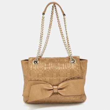 Pre Owned CH Carolina Herrera Metallic Brown Monogram Embossed Leather Audrey Shoulder Bag