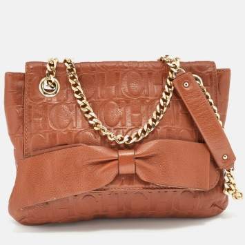Pre Owned CH Carolina Herrera Brown Monogram Leather Audrey Shoulder Bag