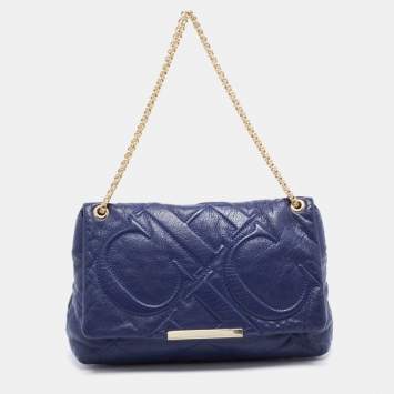 Pre Owned Carolina Herrera Blue Logo Embossed Leather Metal Flap Shoulder Bag