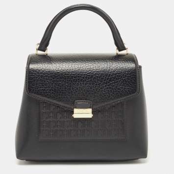Pre Owned CH Carolina Herrera Black Monogram Embossed Leather Push Lock Flap Top Handle Bag