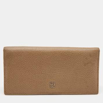 Pre Owned CH Carolina Herrera Beige Leather Flap Bifold Continental Wallet