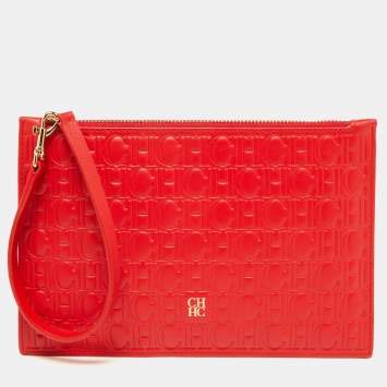 Pre Owned CH Carolina Herrera Red Monogram Embossed Leather Zip Wristlet Pouch