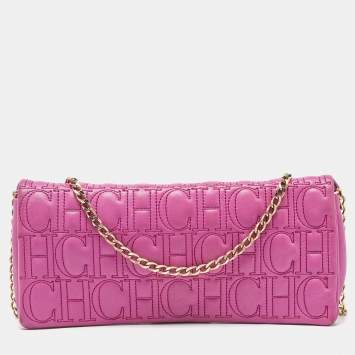 Pre Owned CH Carolina Herrera Pink Monogram Leather Jerry Chain Clutch 