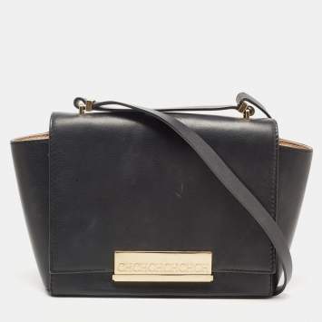 Pre Owned CH Carolina Herrera Black Leather Logo Metal Flap Shoulder Bag