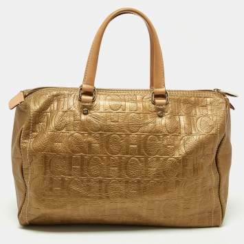 Pre Owned CH Carolina Herrera Metallic Gold Monogram Leather Large Andy Boston Bag