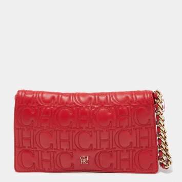 Pre Owned CH Carolina Herrera Red Quilted Leather Flap Wristlet Clutch