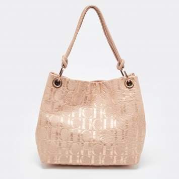Pre Owned CH Carolina Herrera Rose Gold Monogram Embossed Leather Shoulder Bag
