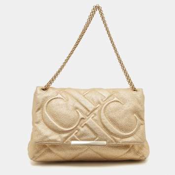 Pre Owned Carolina Herrera Gold Embossed Leather Metal Flap Shoulder Bag