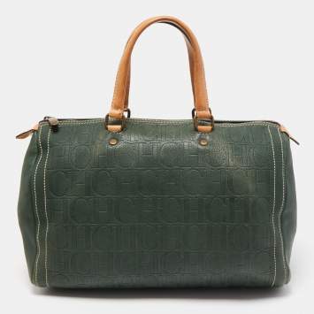 Pre Owned CH Carolina Herrera Green Monogram Embossed Leather Large Andy Boston Bag
