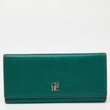 Pre Owned CH Carolina Herrera Green Leather Flap Trifold Continental Wallet