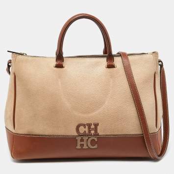 Pre Owned CH Carolina Herrera Beige/Brown Pebbled Leather Satchel