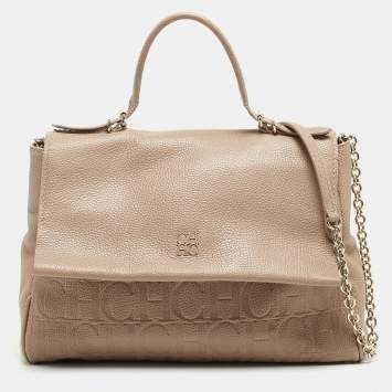 Pre Owned CH Carolina Herrera Beige Leather Minuetto Flap Top Handle Bag